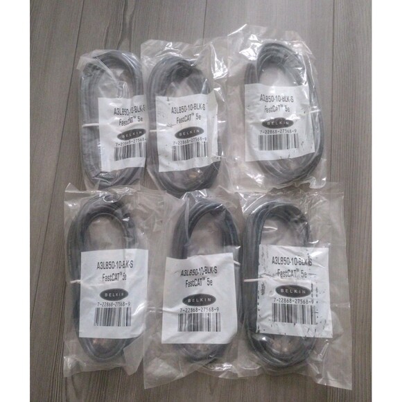 belkin Other - 6 NEW -Belkin A3L850-10-BLK-S  Snagless FastCat 5e Patch Cable -10ft (NOS)